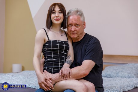 This grandpa fucks hot shaved small tits 18 year old teen Sandy Morrison hard in his bed